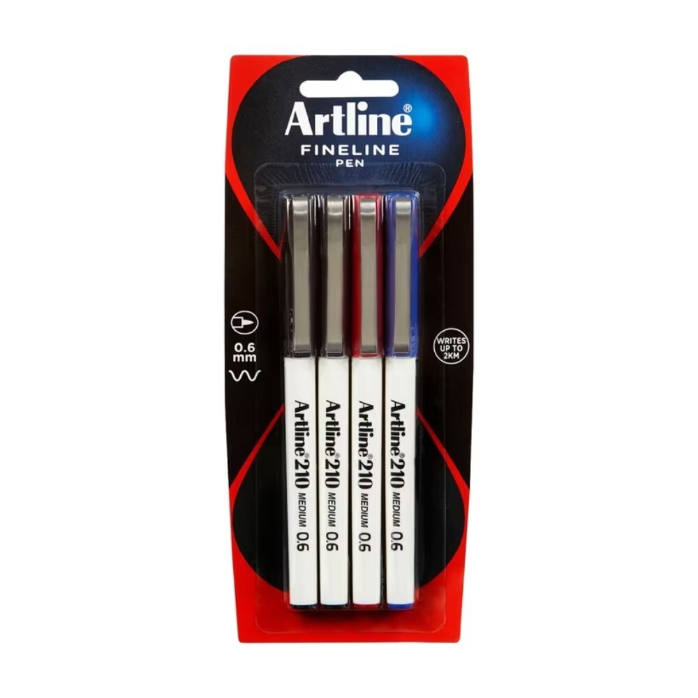 Artline 210 Medium Line Pen 0.6mm - Assorted 4pk